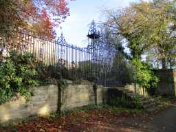 Oblique view of wall to the left of the gates of Tanfield Hall November 2016